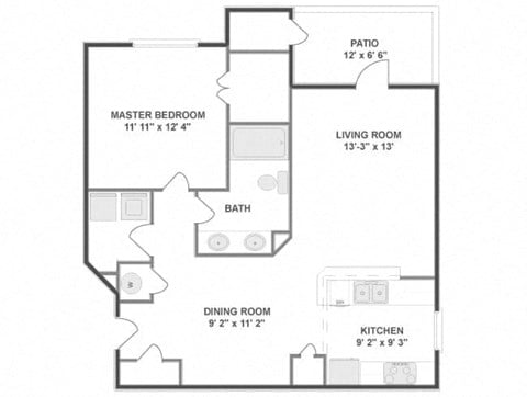 Floor plan for 1 bed, 1 bath, 843 sqft